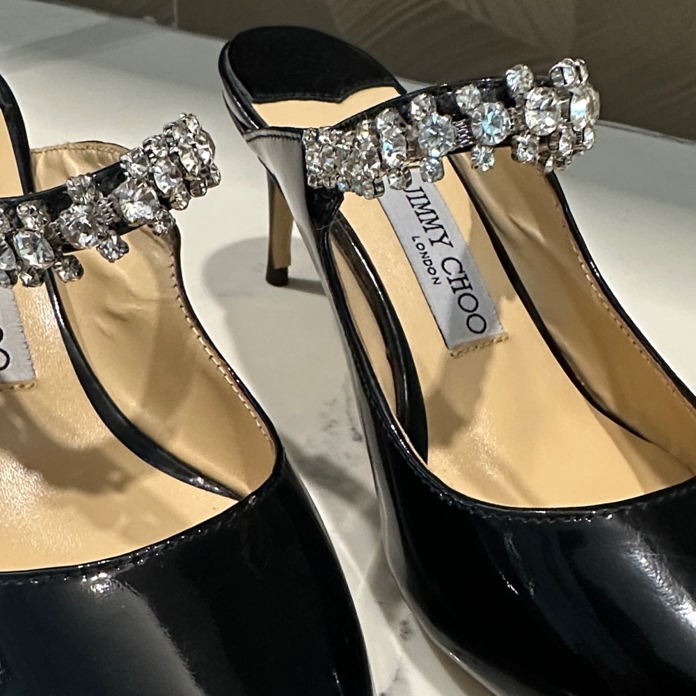 Jimmy Choo Black Patent Leather Mules with Crystal Straps - Picture 4 of 9